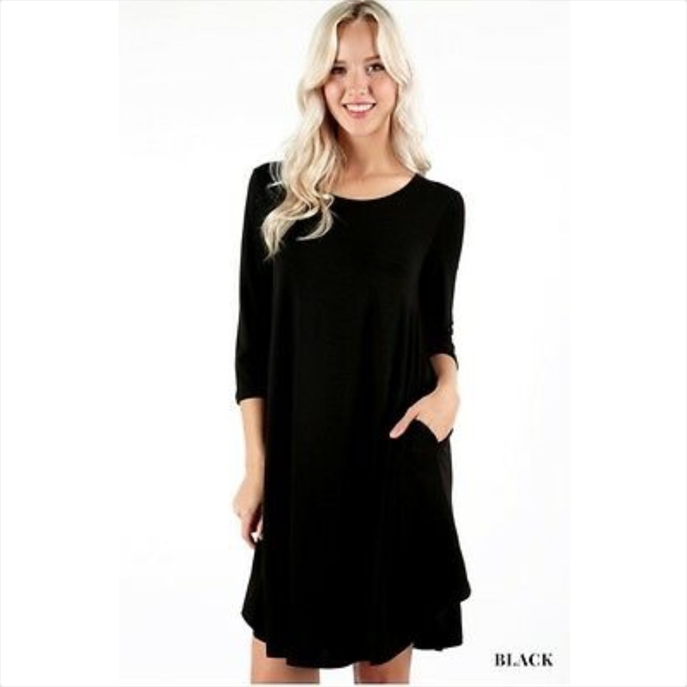 NEW 3/4 Sleeve A-Line Swing Midi Round Hem Dress- Black